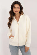 Veste élégante en maille pour femme coupe décontractée couleur blanc crème fermeture éclair dorée manches longues poches latérales