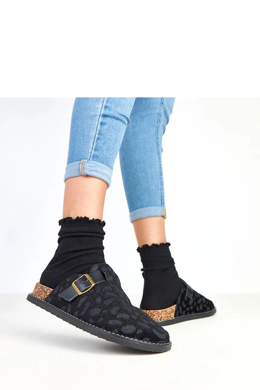 mules femme feutre noir jacquard doublure douce plateforme 35mm talon liège confortable boucle dorée réglable semelle caoutchouc antidérapante