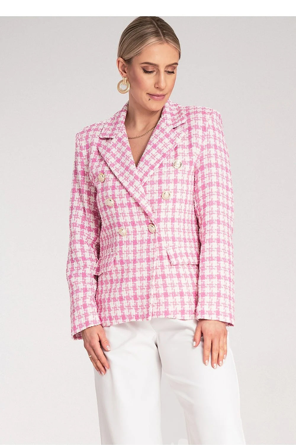 Blazer femme élégant à carreaux double boutonnage tissu jacquard 75% coton 25% polyester taille ajustée boutons dorés coupe moderne