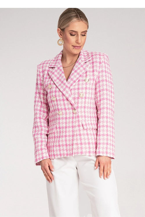 Blazer femme élégant à carreaux double boutonnage tissu jacquard 75% coton 25% polyester taille ajustée boutons dorés coupe moderne