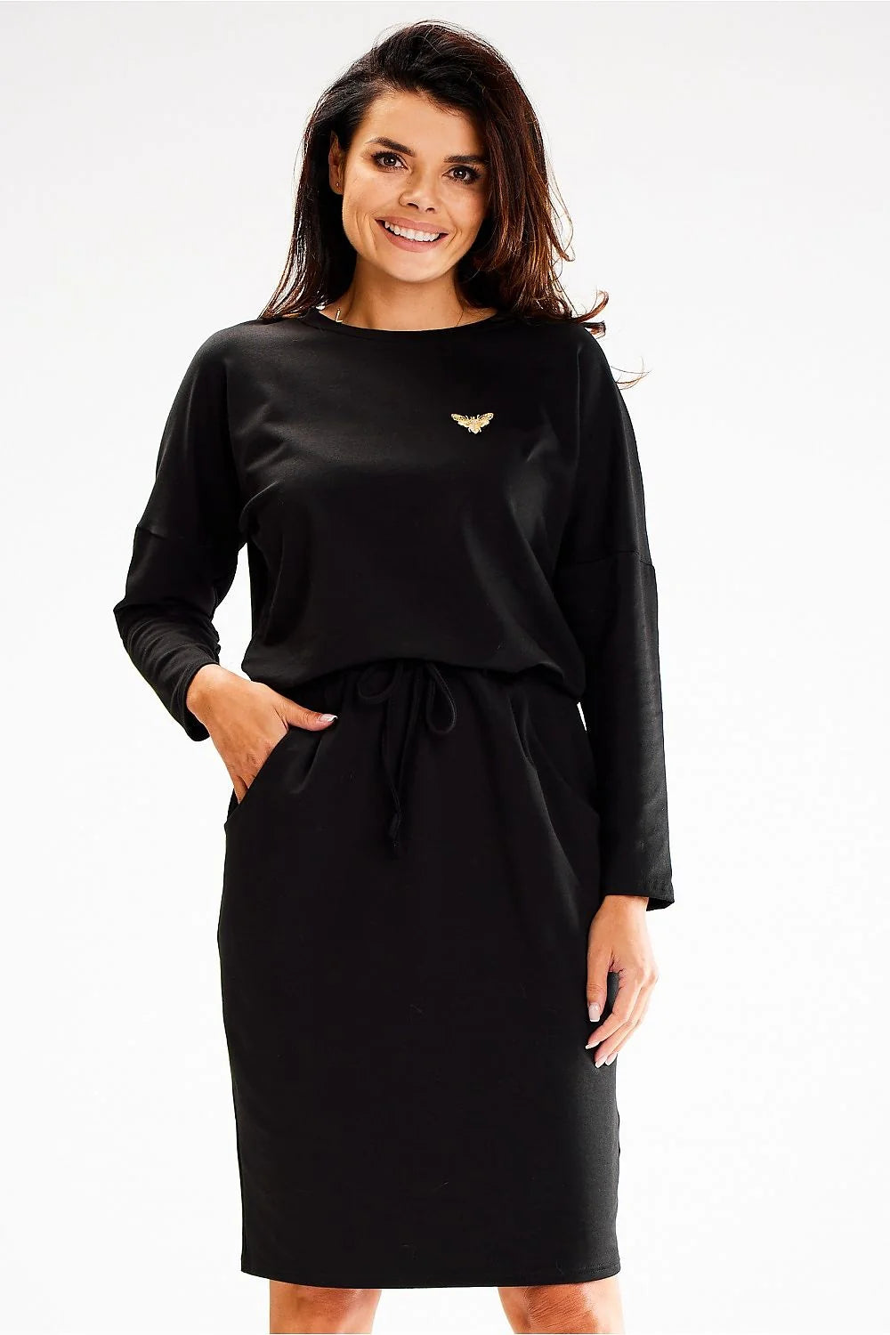 Robe de jour élégante pour femme en coton noir manches longues ceinture intégrée poches applique décorative