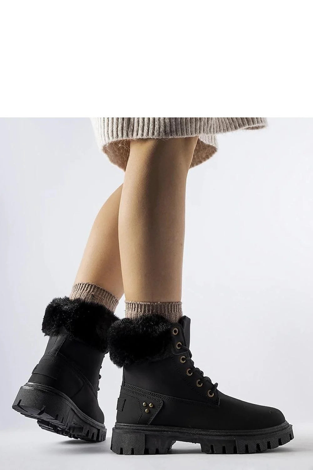 Bottes Solea femmes simili-cuir noir fausse fourrure hiver haute cheville lacets métal doré adhérence glisse occasion automne-hiver mode élégant
