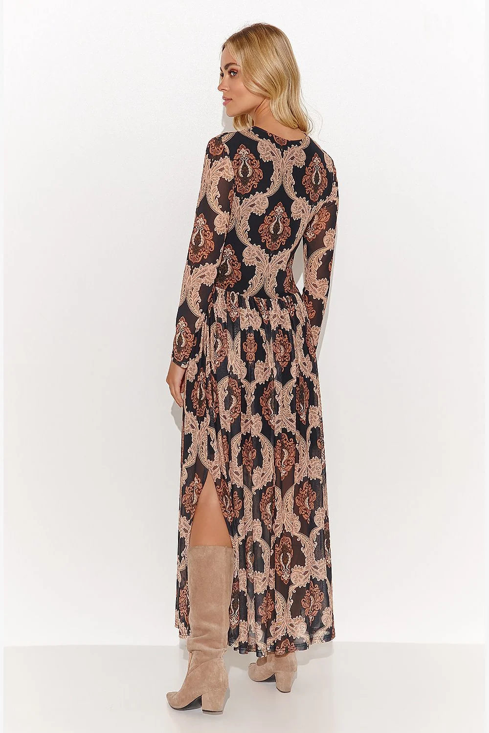 Robe de jour Makadamia longue manches longues motifs floraux baroques tons chauds taille ajustable femme