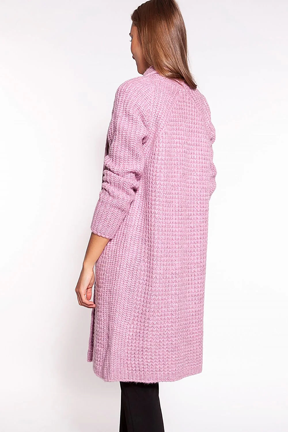 cardigan femme beige clair long col châle gaufrée laine acrylique cocooning manches bouffantes poches plaquées coupe mi cuisse