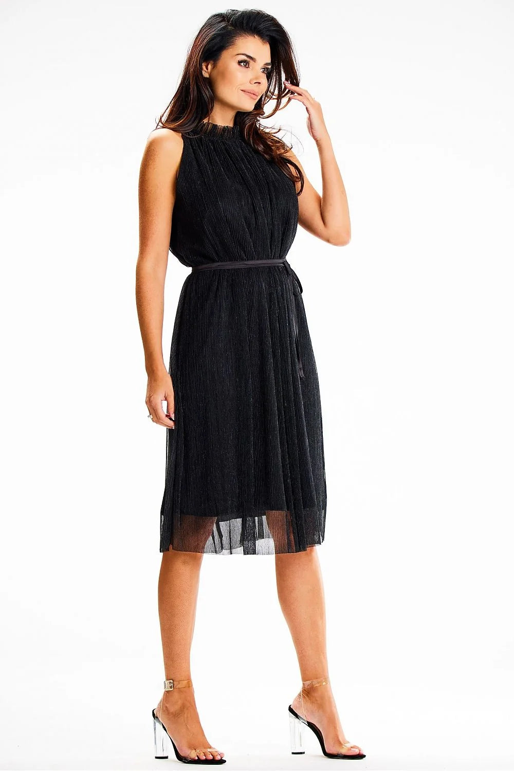 robe soirée midi plissée légère col montant licou ceinture satin fine maille brillante doublure voile semi transparent évasée noire élégante