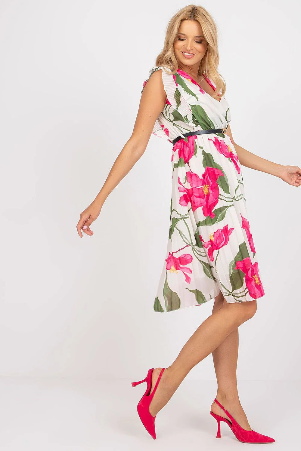Robe de jour élégante Italy Moda imprimé floral fuchsia volants ceinture polyester femmes été