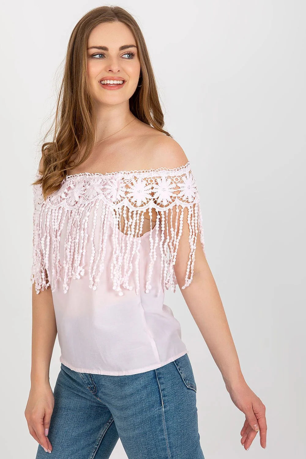Chemisier d'été à épaules nues en dentelle rose pâle, coton polyester, style bohème romantique, tailles S/M/M/L
