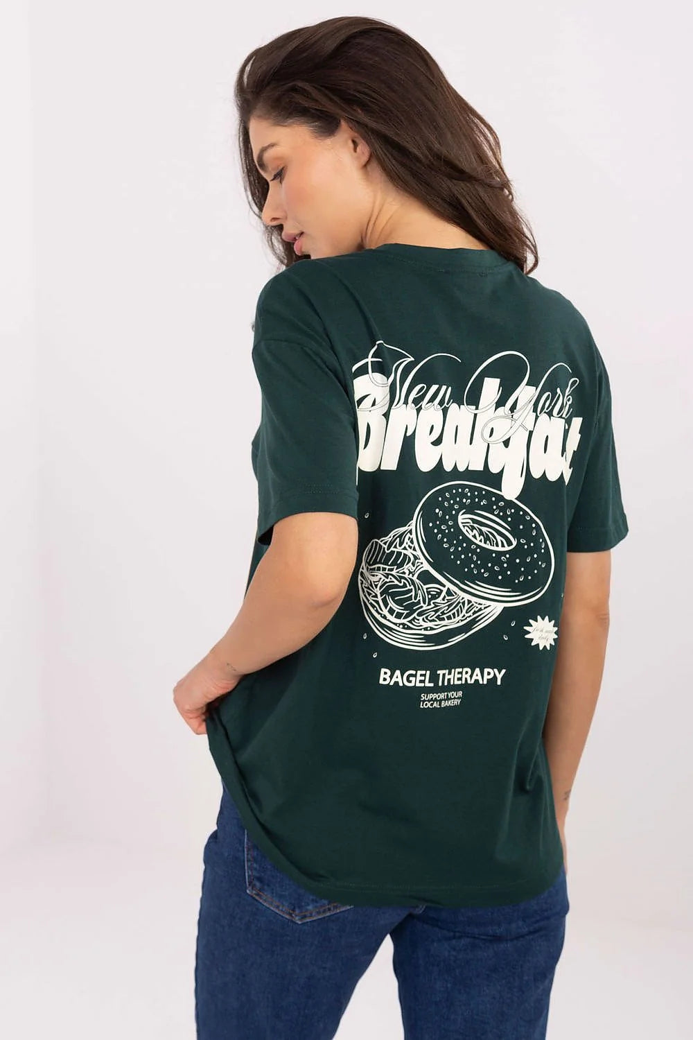 tshirt femme casual coton doux respirant col rond manches courtes coupe droite longueur hanche vert sapin impression blanche