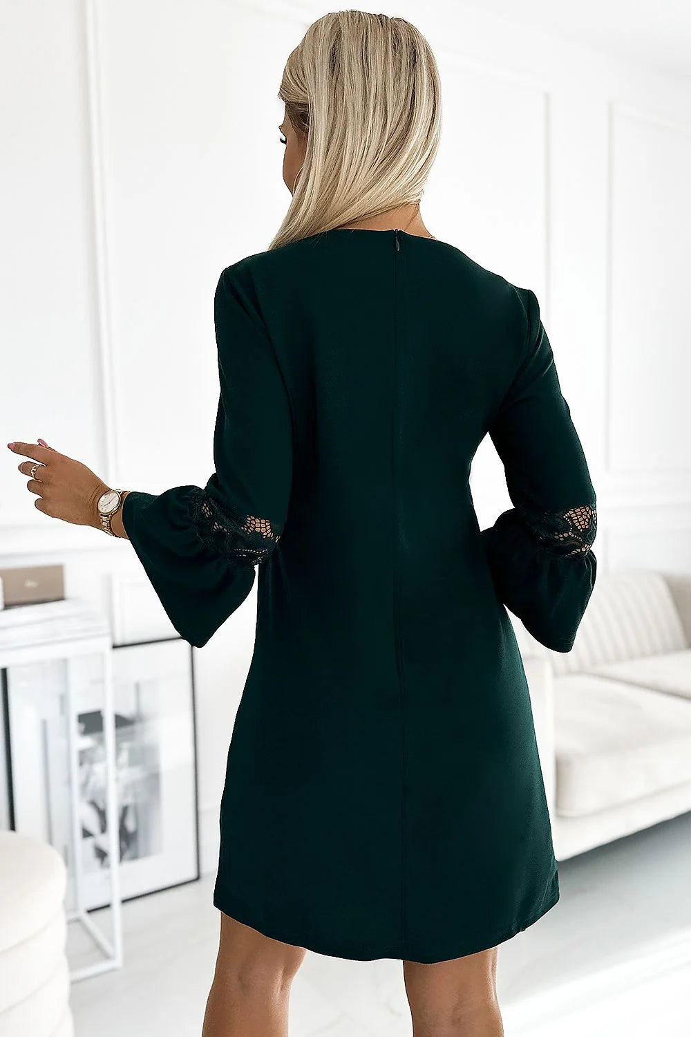 Robe de cocktail élégante vert foncé manches évasées dentelle Numoco femme taille ajustable coupe droite moderne