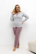 pyjama grande taille femmes deux pièces haut manches longues col rond patte boutonnage pantalon droit taille élastique imprimé fleurs papillons