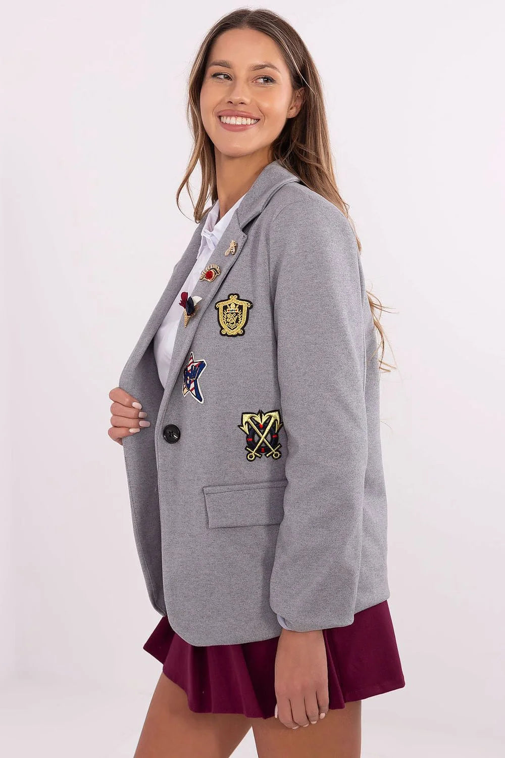Veste blazer femme moderne design casual broches colorées coupe droite matelassée laine polyester manches longues