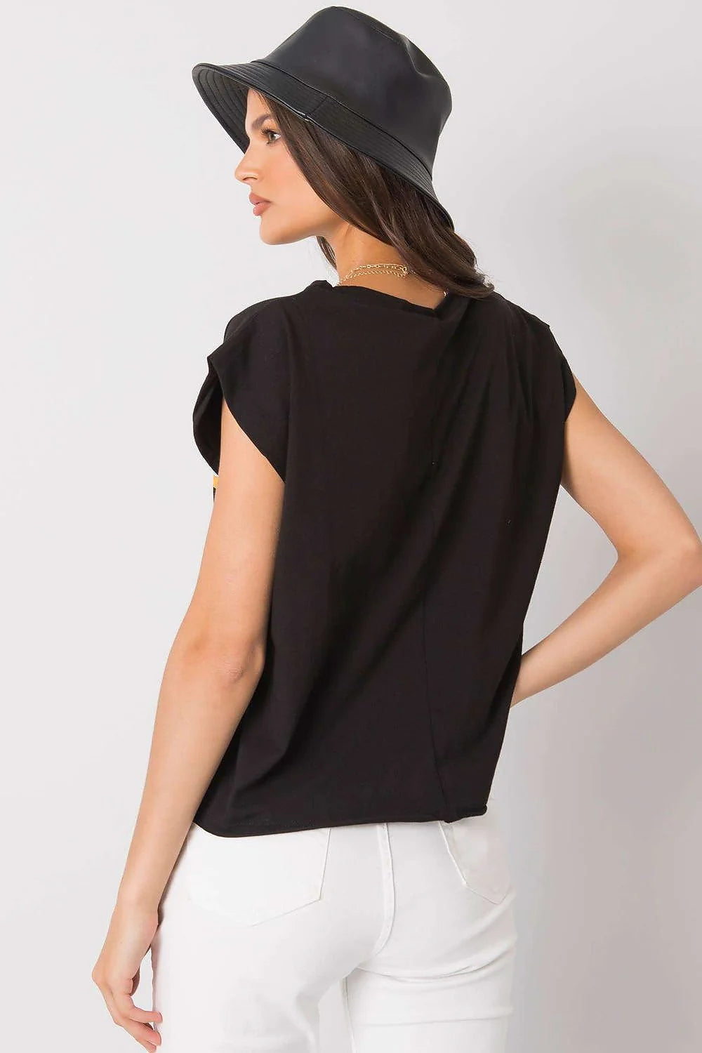 Tshirt Fancy femme noir coton jersey léger doux respirant coupe ample boxy manches courtes tombantes encolure ronde imprimé
