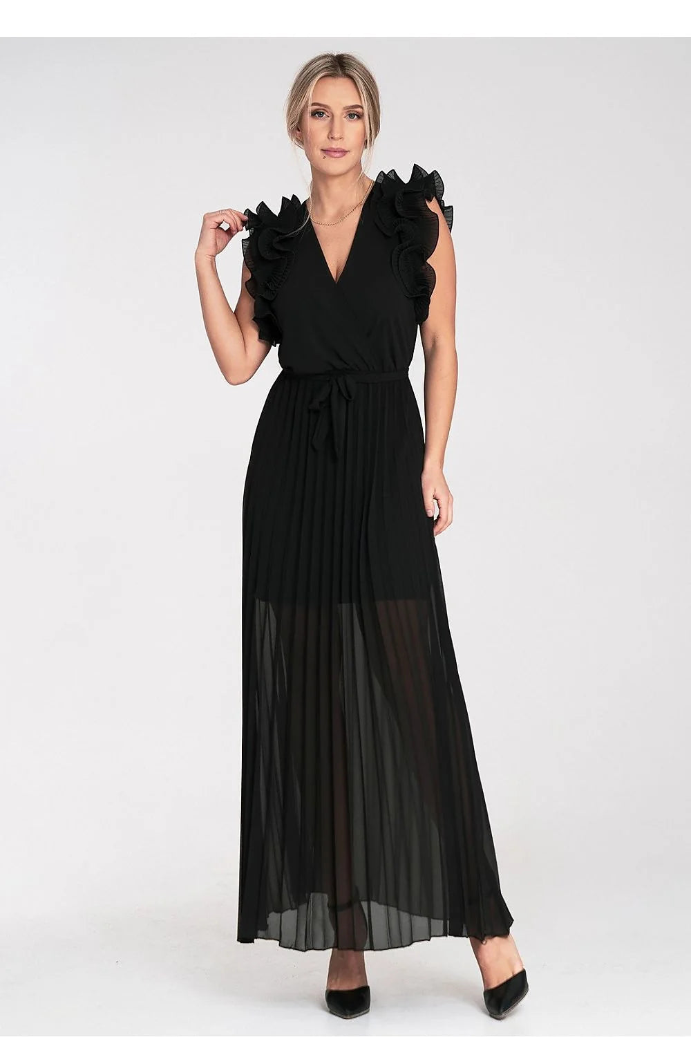 Robe longue élégante noire pour femme avec volants sur les épaules décolleté en V ceinture intégrée polyester 100 %