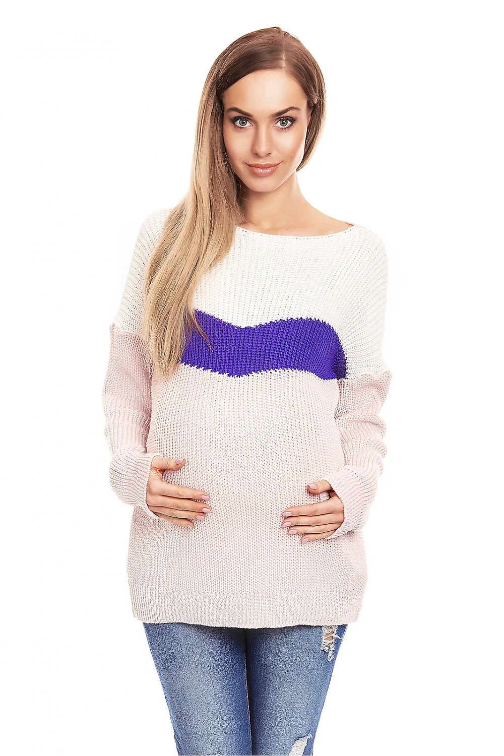 pull grossesse maternité oversize rayures horizontales colorblock bleu marine blanc gris clair col bateau manches longues maille épaisse
