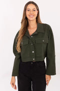 veste shacket courte kaki olive coton stretch toile col chemise boutonnage avant poches poitrine rabat coupe boxy cropped manches longues