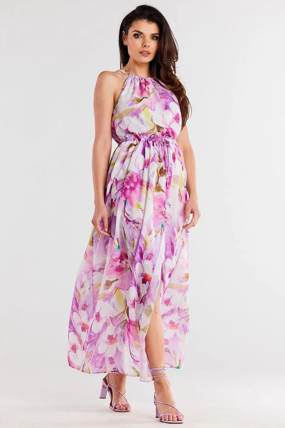 robe longue mousseline légère fluide imprimé floral aquarelle rose lilas taille cintrée lien coulissant bretelles nouées fente centrale asymétrique