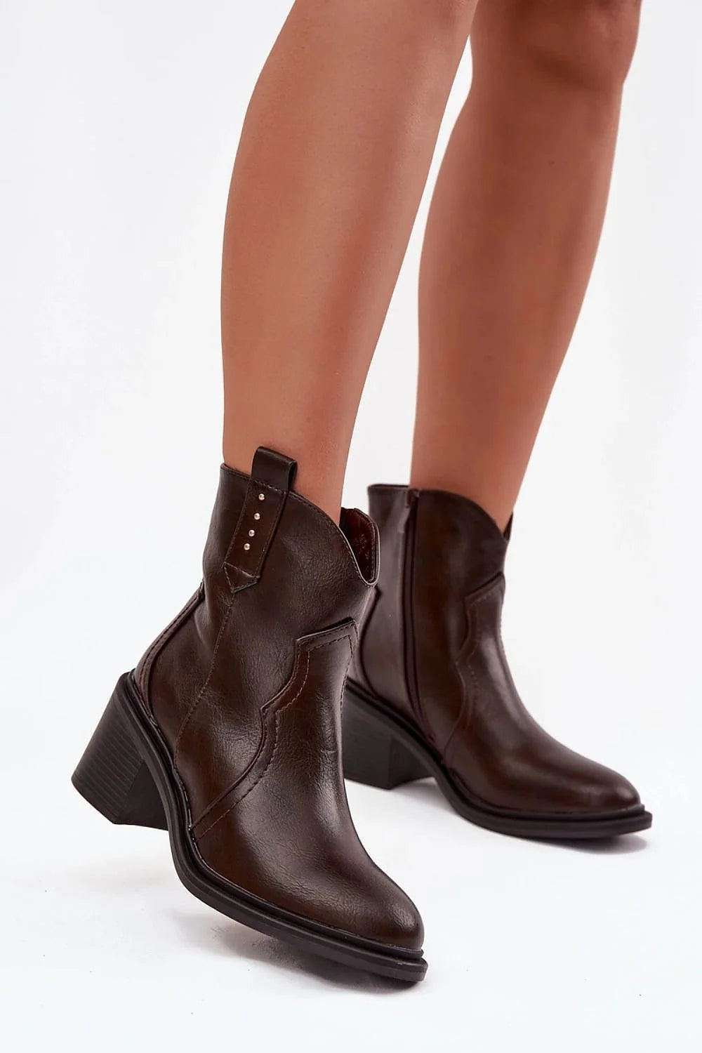 bottines femme cowboy western similicuir marron foncé cheville arrondi talon massif confortable stable semelle épaisse fermeture zippée doublure douce