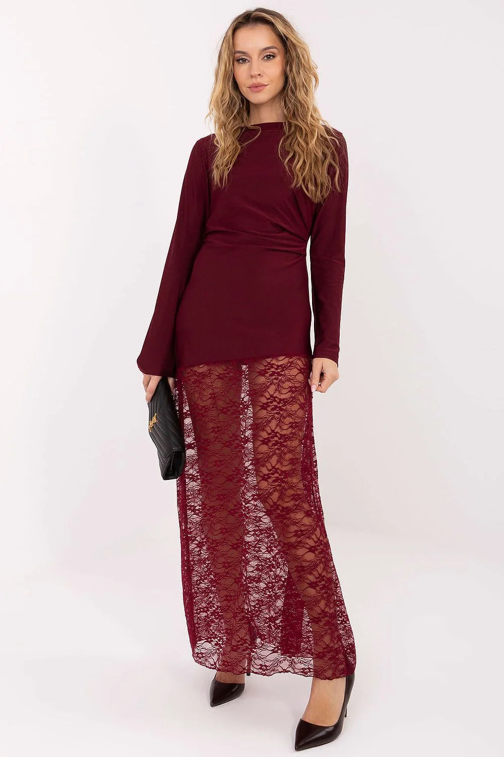 robe longue crayon bordeaux jersey manches longues encolure bateau taille cintrée jupe maxi dentelle florale plis