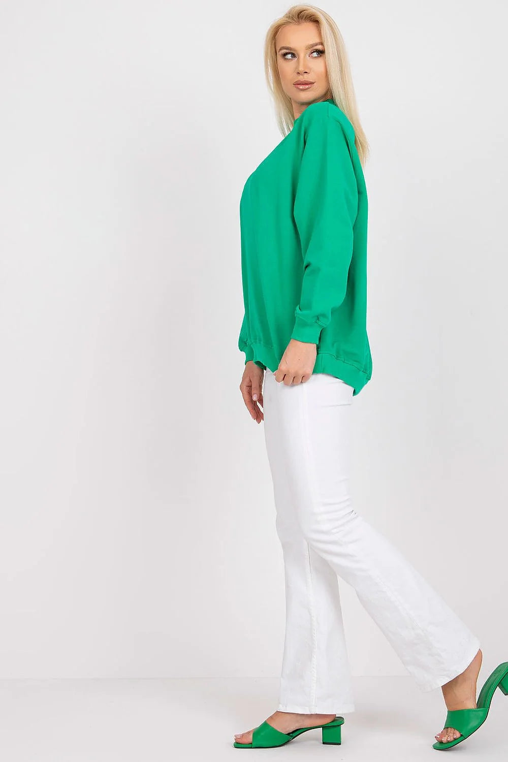 Sweatshirt BFG pour femme en coton 90% élasthanne 10%, style casual oversize, couleur bleu vif, manches longues, col rond côtelé, idéal pour tenues urbaines et décontractées