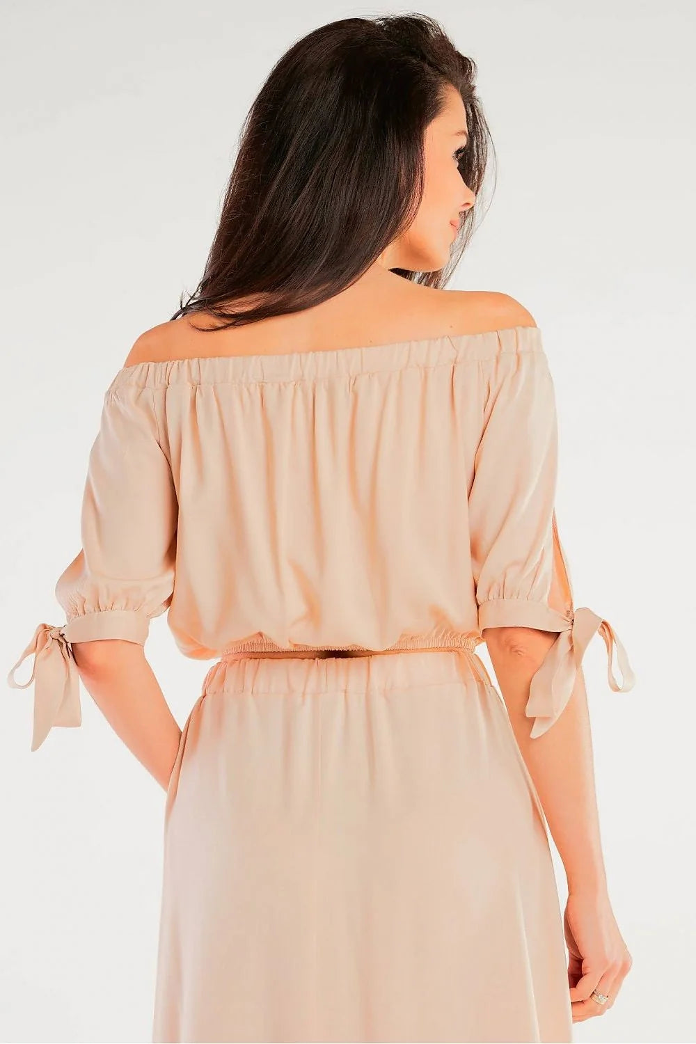 chemisier awama espagnol manches nouées beige nude viscose élasthanne bohème fluide ample épaules dénudées taille smockée jupe volant maxi