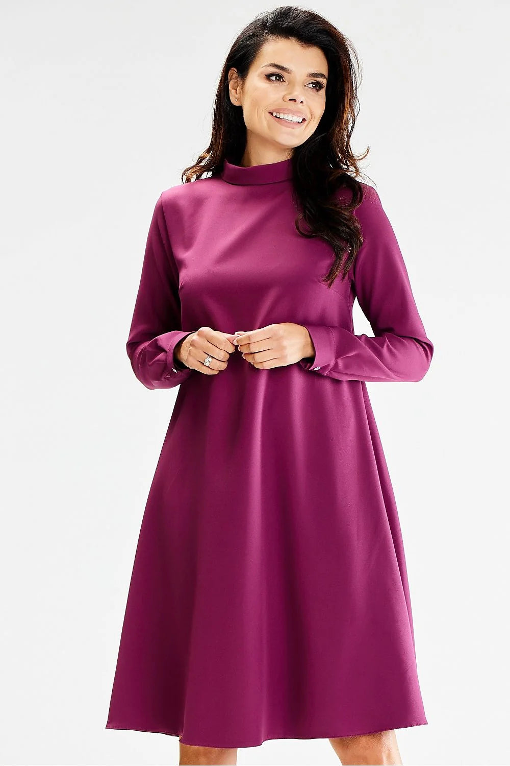 Robe élégante pour femme en polyester élasthanne couleur magenta longueur midi manches longues col dolman moderne occasion semi-formelle