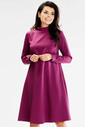 Robe élégante pour femme en polyester élasthanne couleur magenta longueur midi manches longues col dolman moderne occasion semi-formelle