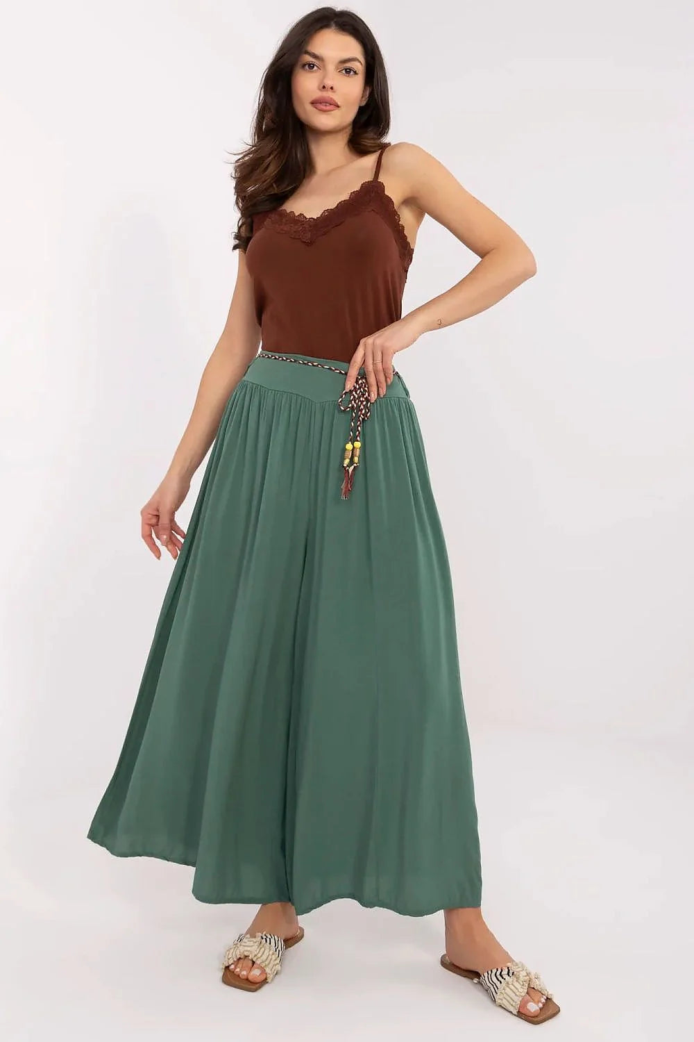 ensemble femme débardeur bretelles fines dentelle marron ajusté jupe longue taille haute vert sapin fluide viscose plis bohème