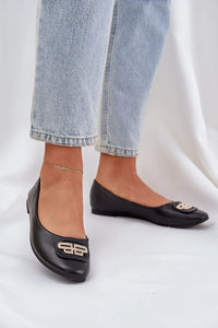 Ballerines pour femmes en cuir noir écologique décoration métallique dorée style élégant confortable tige 5 cm semelle plate occasion多种