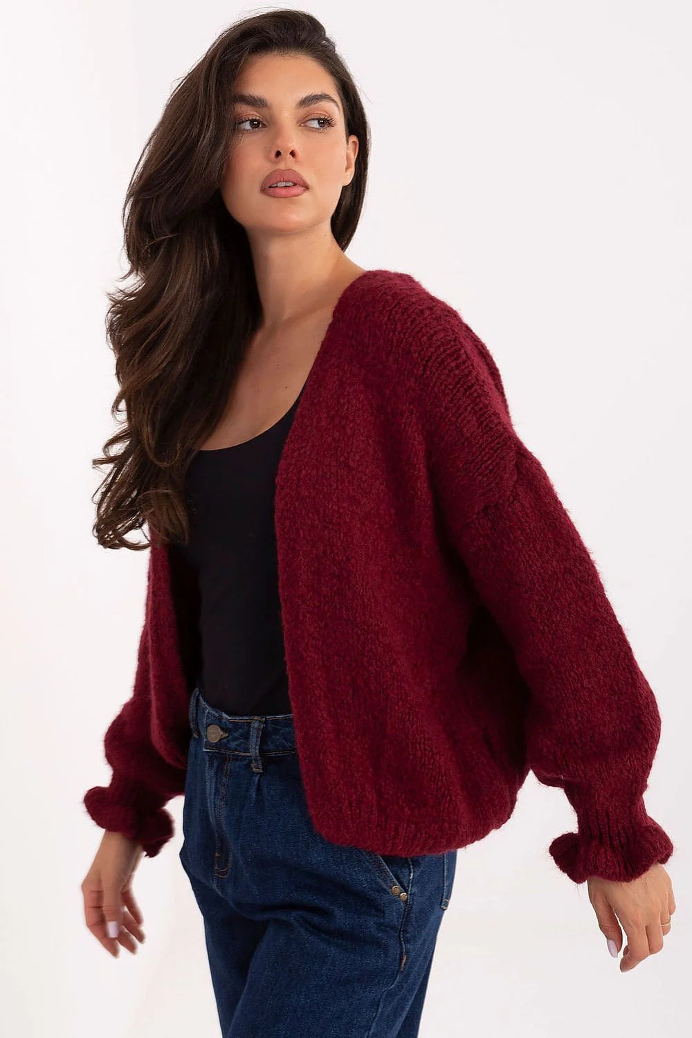 cardigan femme oversize grosse maille bordeaux profond gilet ouvert sans fermeture manches longues bouffantes poignets côtelés mohair alpaga
