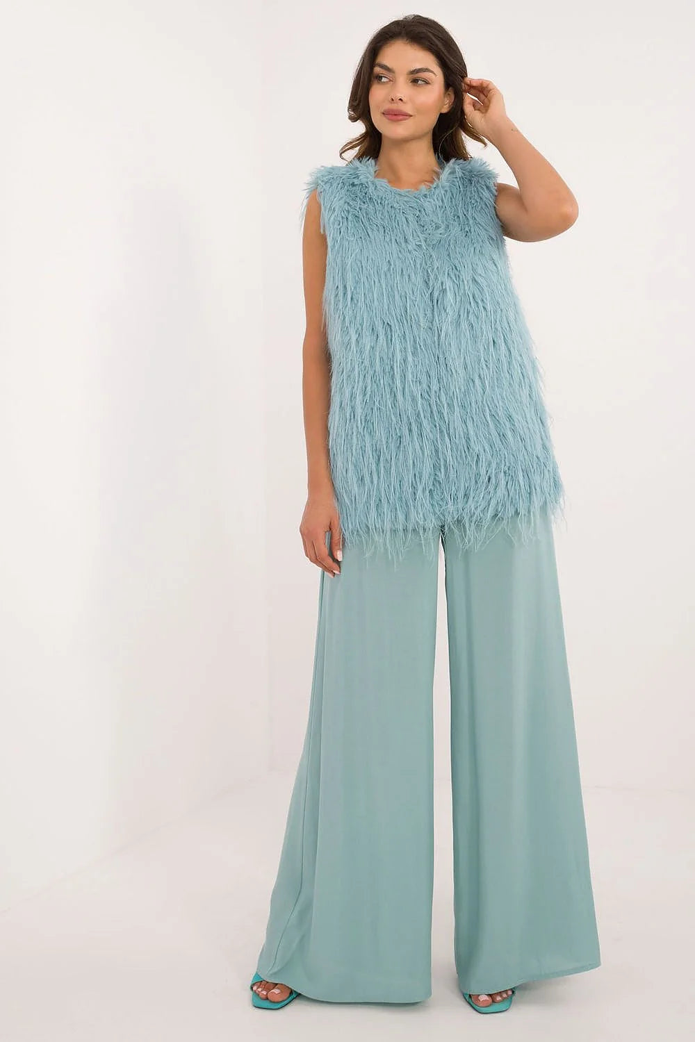 Gilet en fourrure synthétique bleu pastel sans manches longueur moyenne coupe droite style casual pour femme