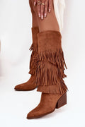 bottes cowgirl femme daim suédé écologique cognac franges superposées tige droite bout pointu talon bloc moyen doublure fourrure