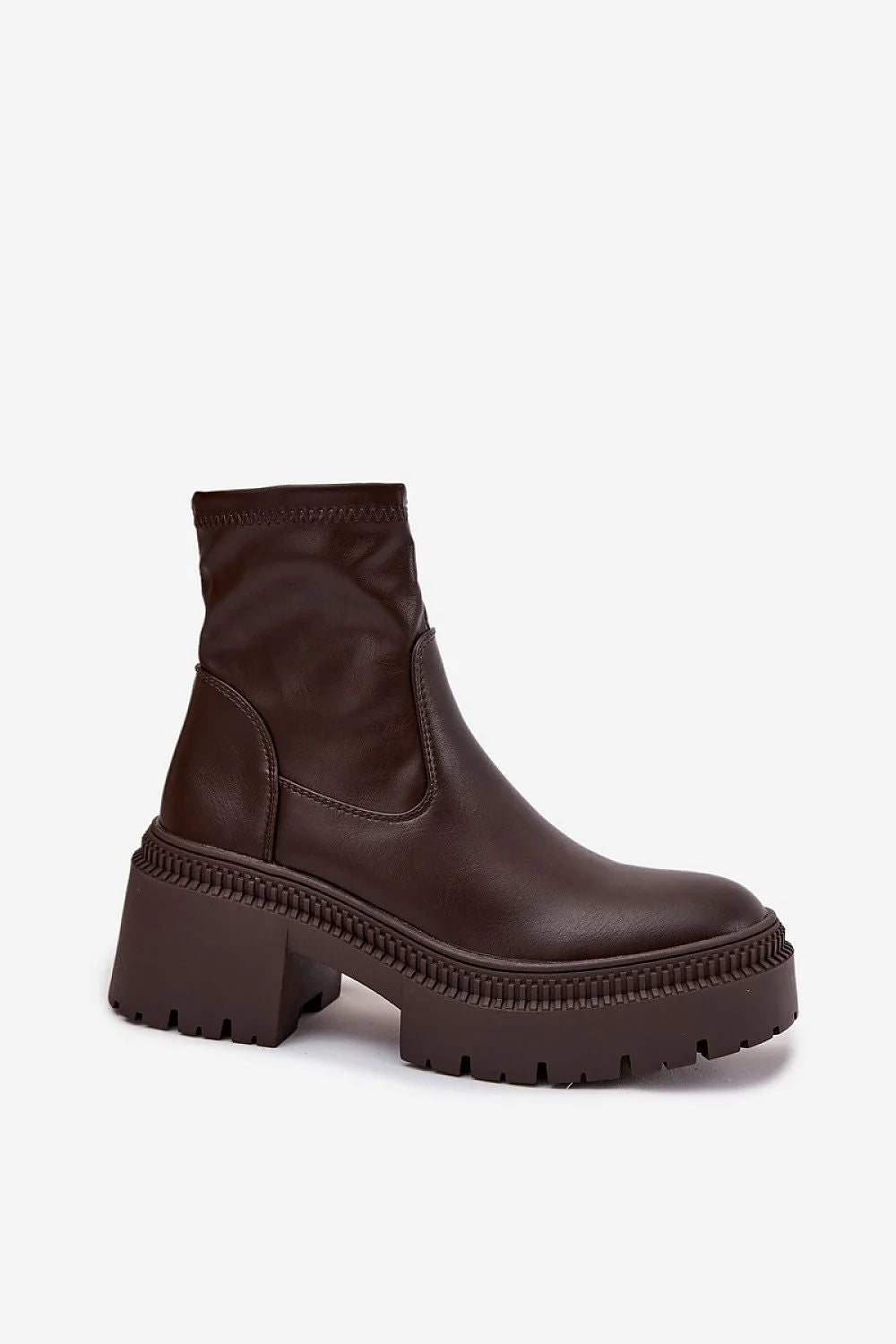 bottines femme plateforme chunky chelsea marron chocolat similicuir lisse semelle crantée épaisse talon bloc massif tige froncée zippée maintien urbain