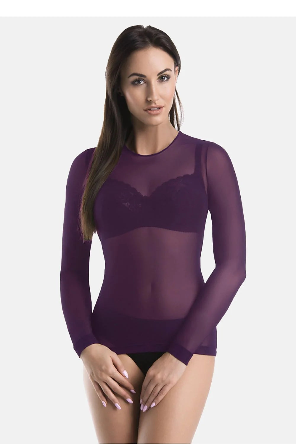chemisier top lingerie mesh tulle violet prune transparent ajusté moulant manches longues col rond bord cote extensible stretch sexy séduisant