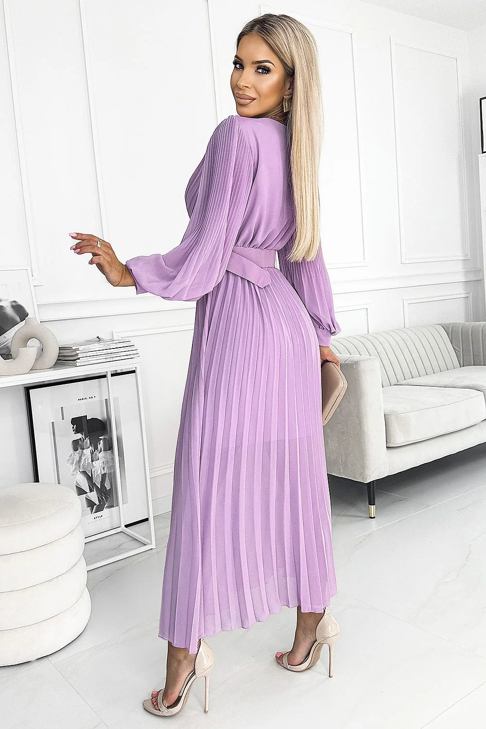 Robe de cocktail élégante longue manches longues en V profond ceinture taille ajustable couleur lilas femme
