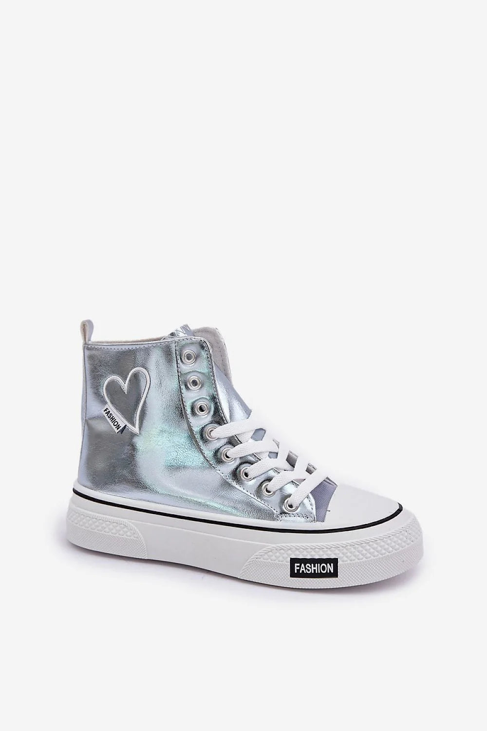 Baskets pour femmes en simili cuir argenté style urbain tendance lacets blancs semelle blanche cœur logo 11.5 cm