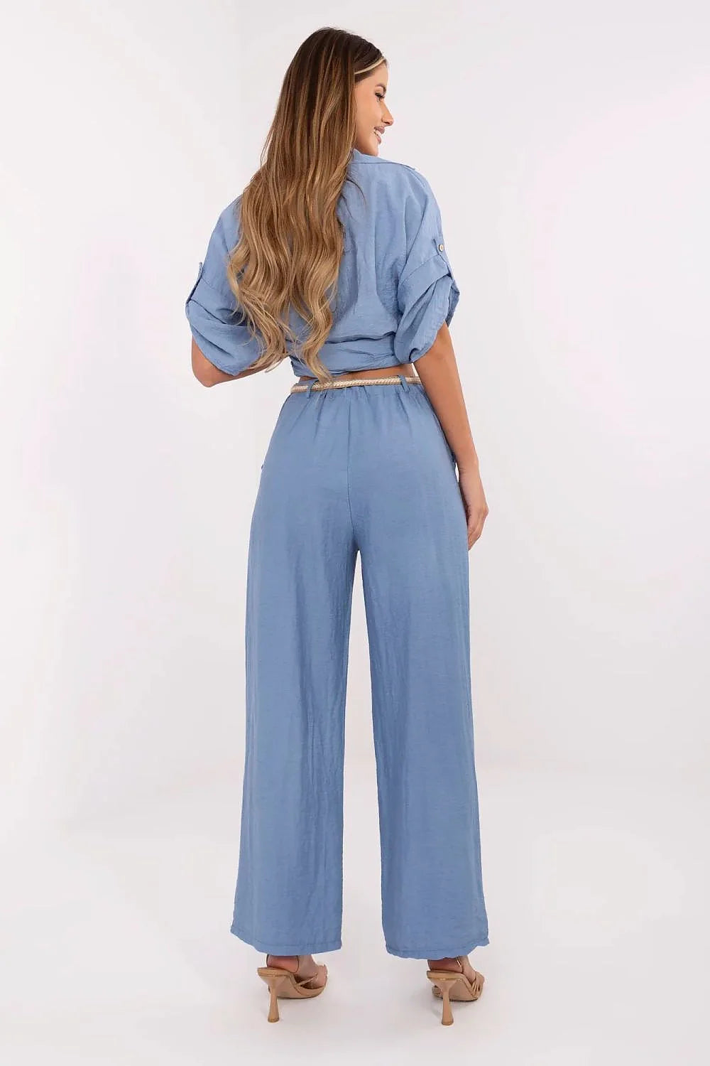Pantalon femme Italy Moda style bohème léger élégant viscose lin taille haute jambes larges ceinture élastique sans fermeture occasion estivale