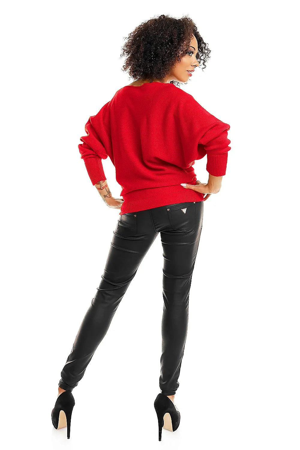 pull kimono court oversize femme rouge maille fine col bateau asymétrique épaules dénudées manches chauvesouris longues ourlets côtelés extensible doux