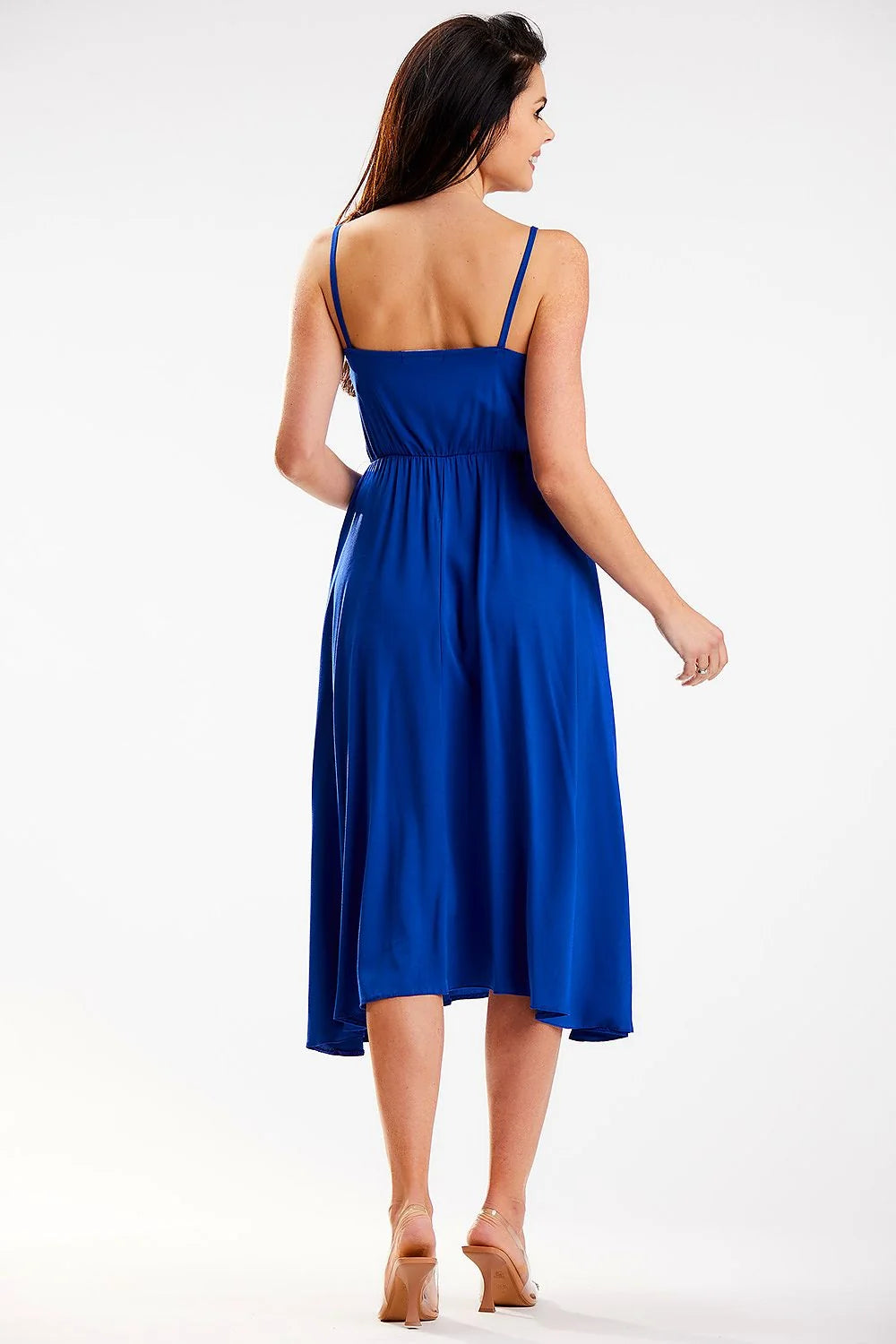Robe midi bleu vif bretelles fines décolleté drapé coupe ajustée femmes occasion semi-formelle été