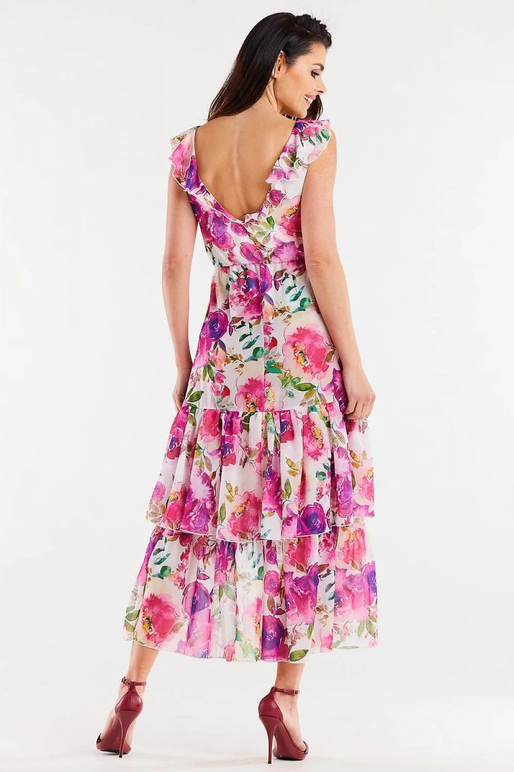 Robe asymétrique longue sans manches motif floral audacieux en mousseline élastique taille ajustable femme