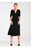 robe midi noire élégante cintrée taille jupe évasée décolleté V discret manches mi longues crêpe extensible viscose polyester elasthanne maintien