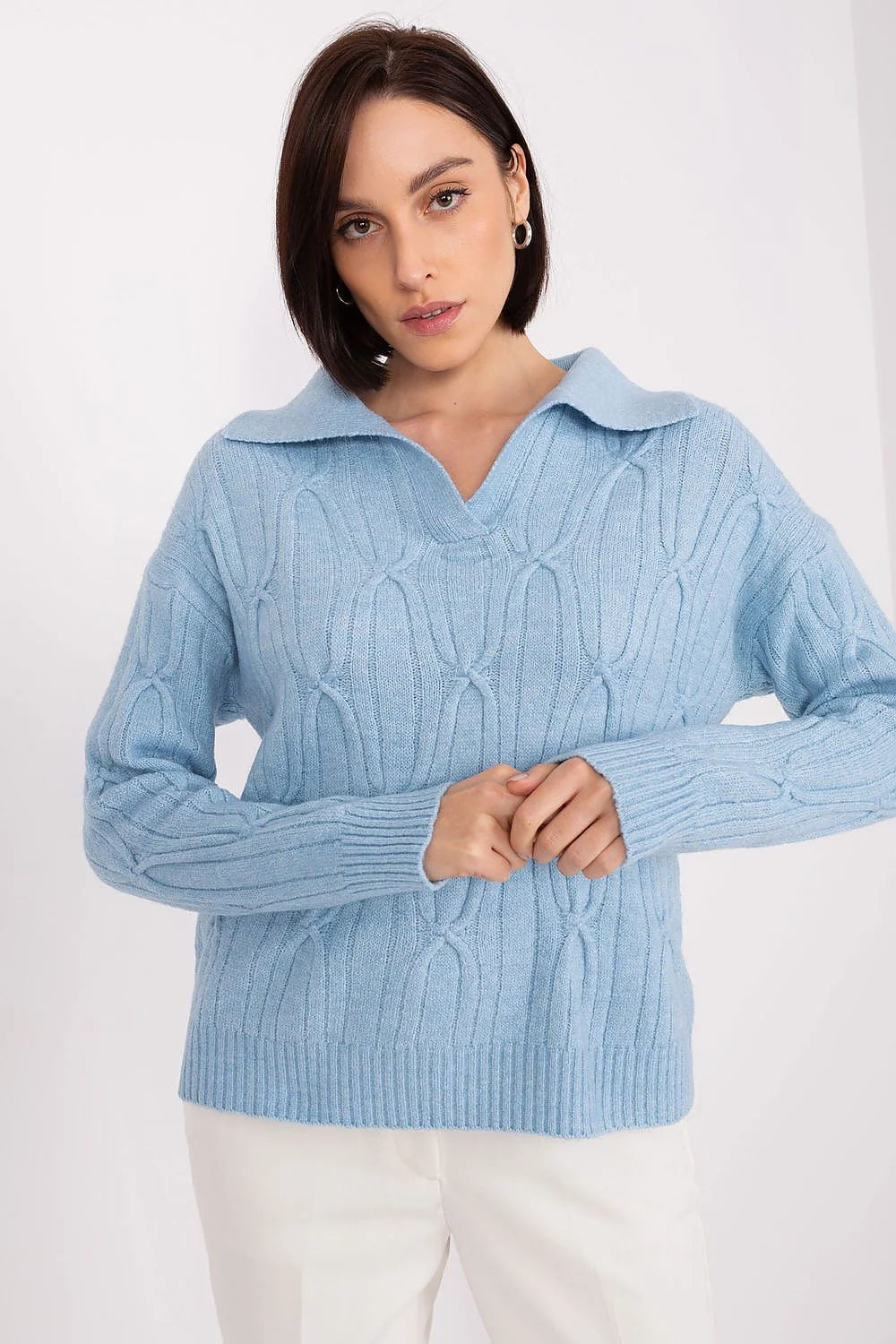 Pull pour femmes bleu ciel maille tricotée confort style coupe ample manches longues col plié élégant polyvalent