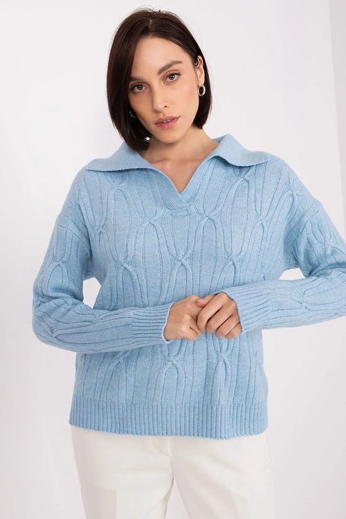 Pull pour femmes bleu ciel maille tricotée confort style coupe ample manches longues col plié élégant polyvalent