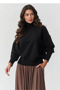 pull femme col roulé noir maille douce viscose stretch durable antipeluches oversize longueur hanche manches ballon épaules tombantes