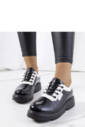Chaussures basses design moderne femme cuir verni noir blanc contrasté semelle épaisse lacets métal
