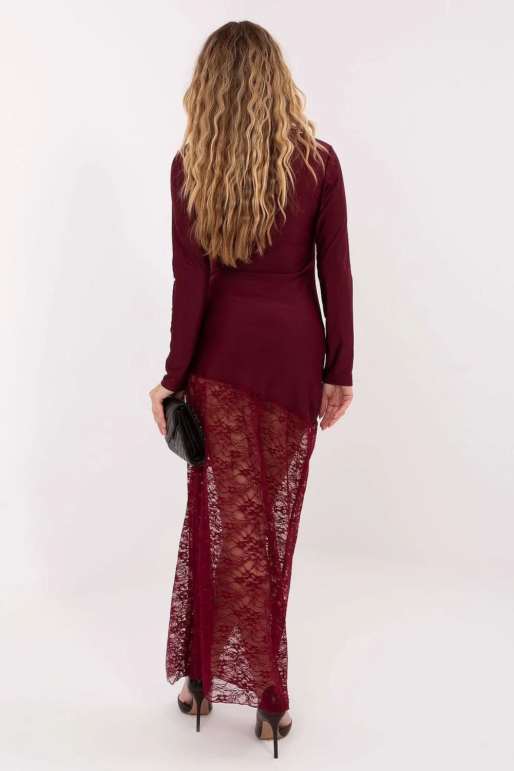 robe longue crayon bordeaux jersey manches longues encolure bateau taille cintrée jupe maxi dentelle florale plis