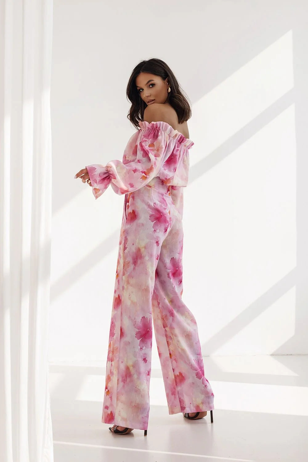 Ensemble deux-pièces féminin floral Bardot manches longues taille haute jambes larges été coton-lin femme