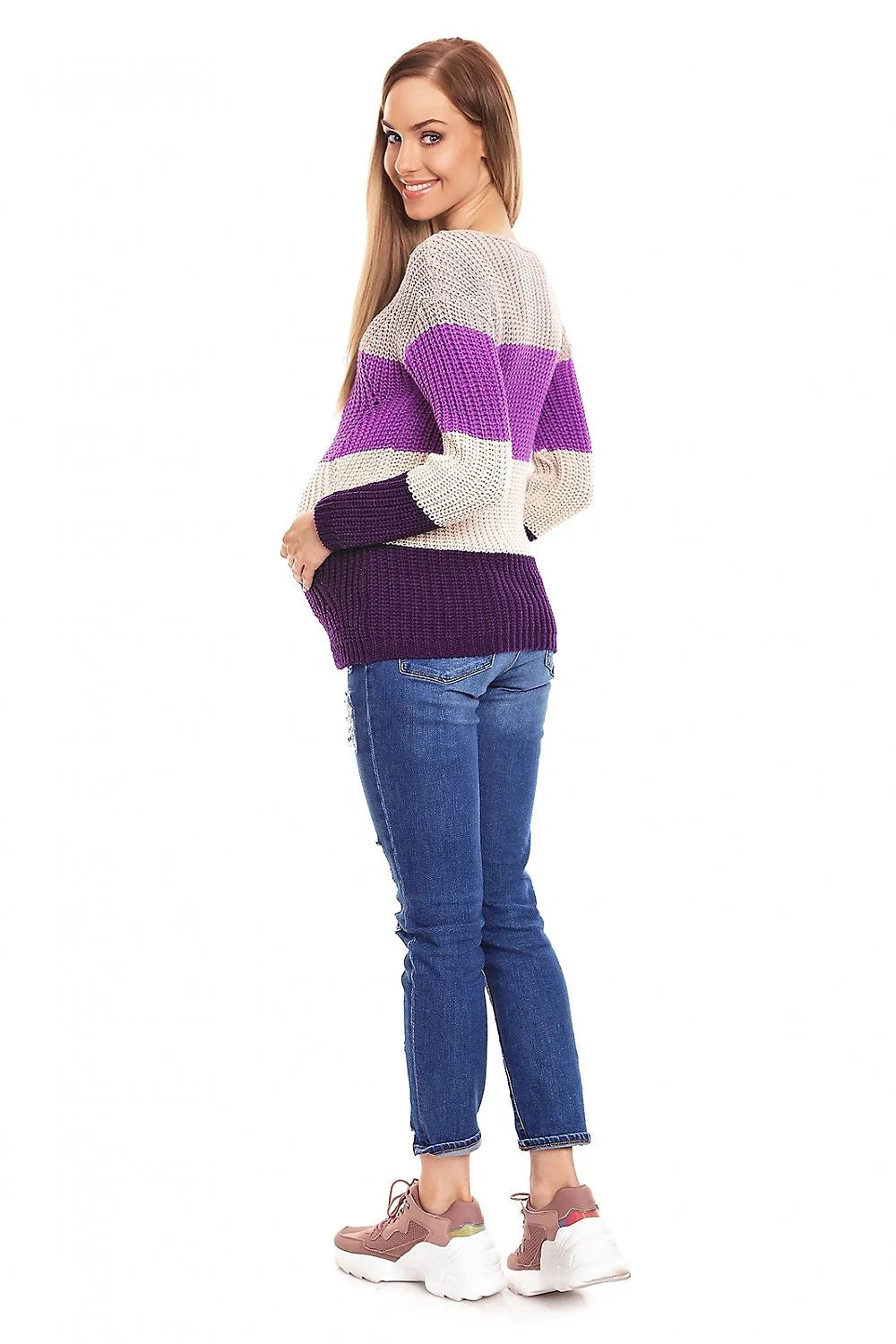 pull tricoté femme grossesse grosse maille rayures horizontales beige kaki blanc noir oversize coupe ample manches longues col rond chaud