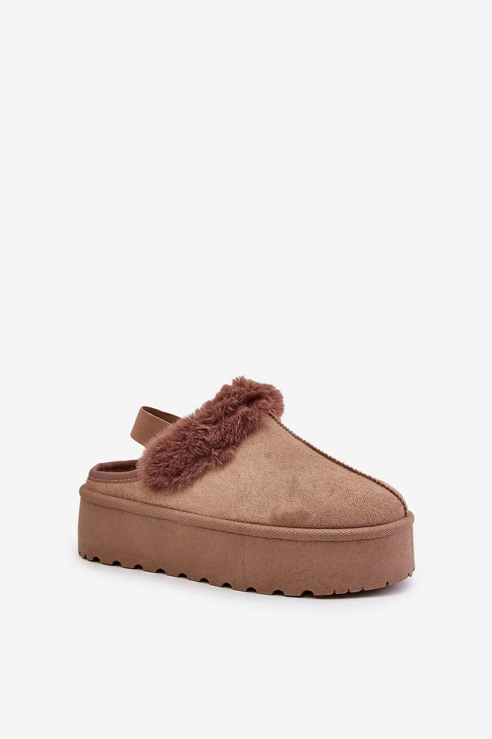 pantoufles mule suédine écologique femme confortables élégantes plateforme 4cm fourrure intérieure isolantes taupe châtain semelle crantée