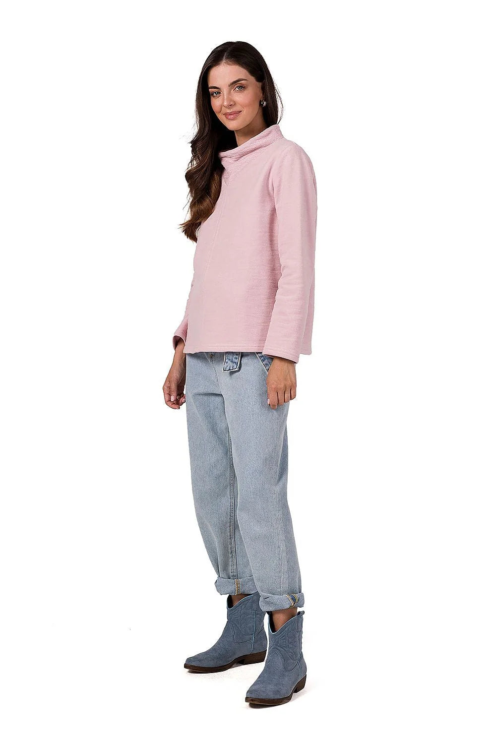 Sweatshirt Be Wear femme col drapé coupe droite teinte rose poudré matière douce confort tout jour
