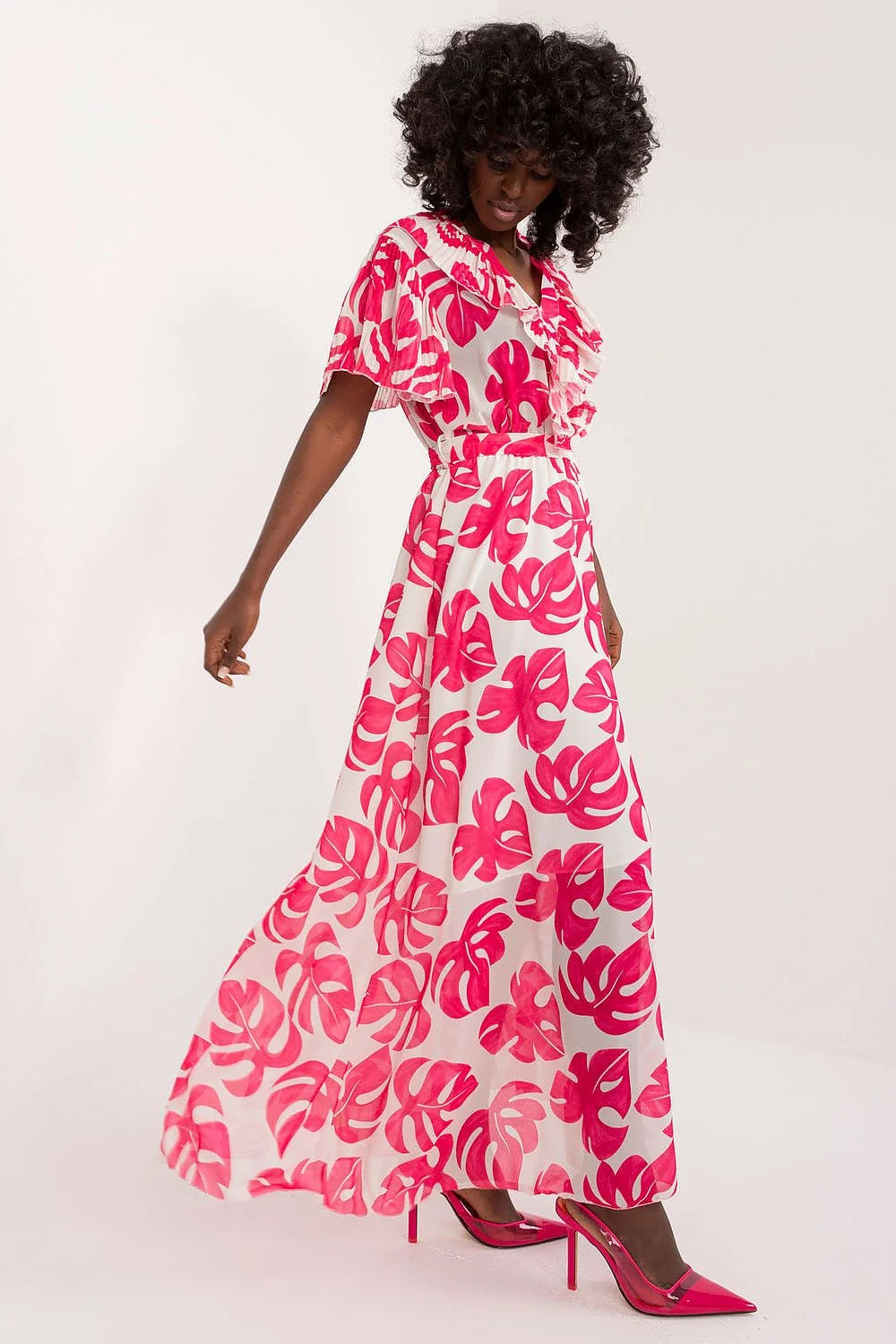 Robe de jour Italy Moda longue imprimé floral manches courtes ceinture en V-neck femme